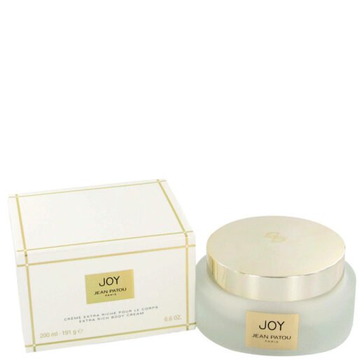 Jean Patou Joy body cream 6.7 oz jar with gold lid and matching white box with gold accents