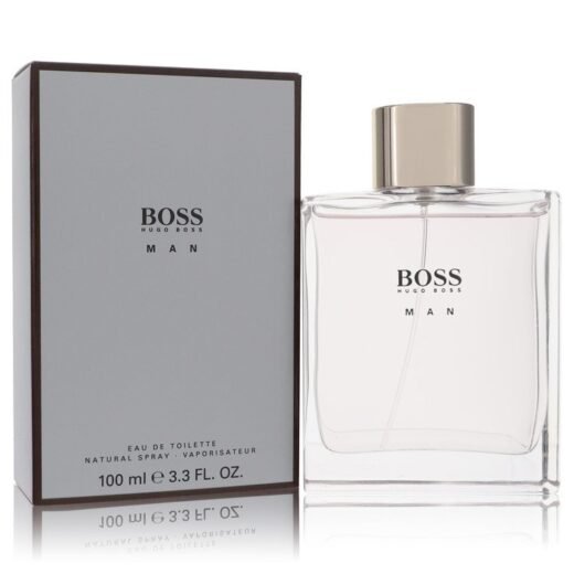 Hugo Boss Boss Man Eau De Toilette 3.3 oz spray bottle and box with silver cap and minimalist design