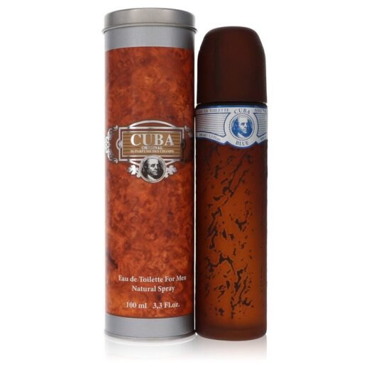 Fragluxe Cuba Blue Eau De Toilette Spray for Men with brown cigar-shaped bottle and matching tin
