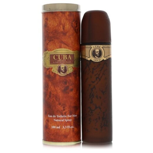 Fragluxe Cuba Gold Eau De Toilette Spray for Men with brown cylindrical packaging and bottle