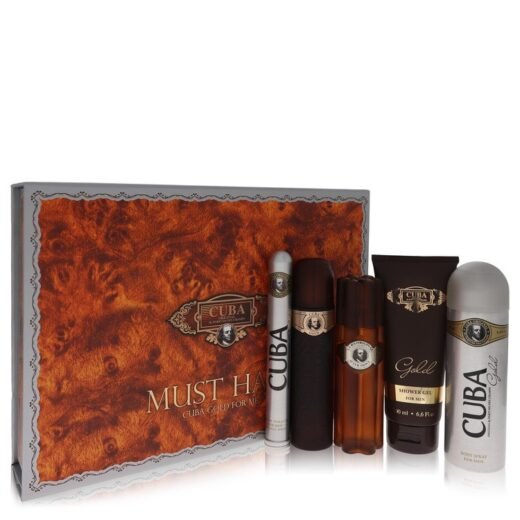 Fragluxe Cuba Gold gift set for men with box, shower gel, body spray, and fragrance bottles