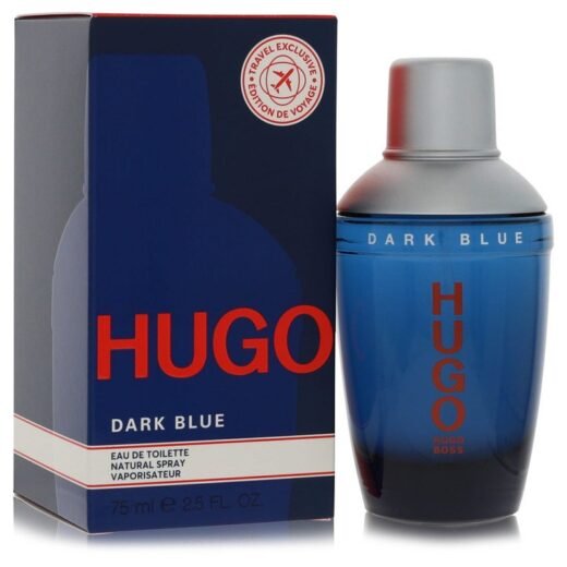 Hugo Boss Dark Blue Eau De Toilette Spray 2.5 oz bottle and box with red and blue design