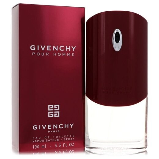 Givenchy Pour Homme Eau De Toilette Spray 3.3 oz with maroon box and matching bottle