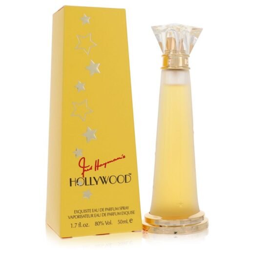 Fred Hayman Hollywood Eau De Parfum Spray 1.7 oz with yellow star-themed box and tall gold-capped bottle