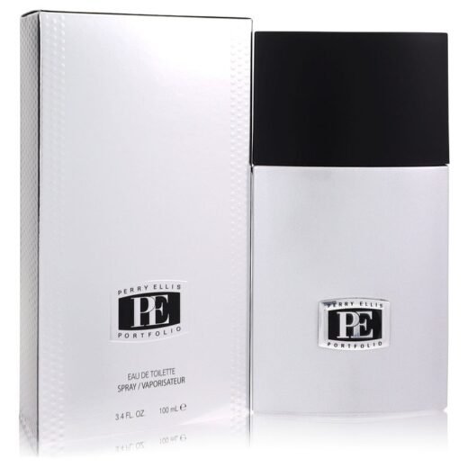 Perry Ellis Portfolio Eau De Toilette Spray 3.4 oz bottle and box in silver and black design