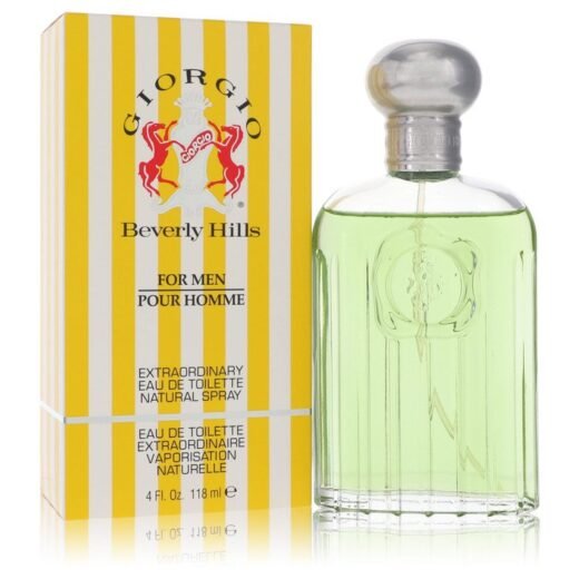 Giorgio Beverly Hills Eau De Toilette Spray for Men 4 oz with yellow striped box and clear glass bottle