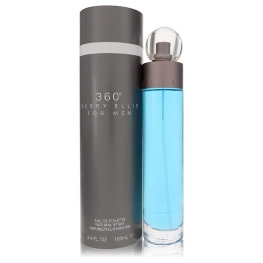Perry Ellis 360 for Men Eau De Toilette Spray with blue liquid and gray cylindrical packaging