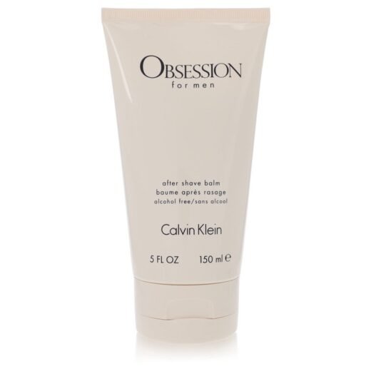 Beige tube labeled Obsession for men after shave balm Calvin Klein 5 fl oz 150 ml, standing upright on white background.