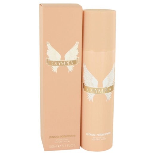 Paco Rabanne Olympea deodorant spray 5.1 oz for women with peach-colored box and bottle
