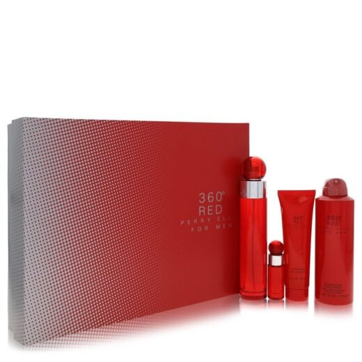 Perry Ellis 360 Red for Men gift set with red box, eau de toilette spray, mini spray, body spray, and shower gel