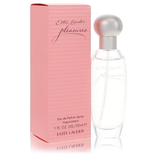 Estee Lauder Pleasures Eau De Parfum Spray 1 oz with pink box and clear bottle, silver cap