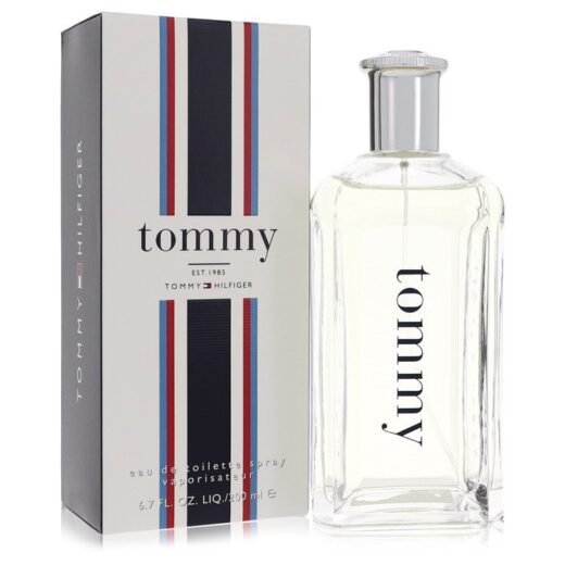 Tommy Hilfiger Eau De Toilette Spray for Men with branded box and clear glass bottle, vertical logo