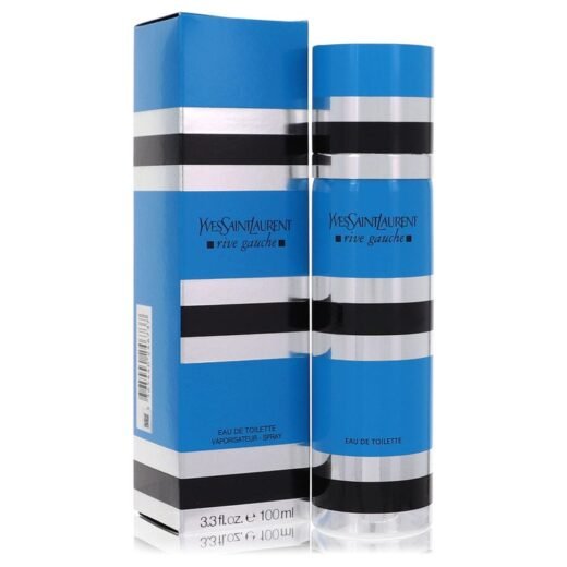 Yves Saint Laurent Rive Gauche Eau De Toilette Spray 3.3 oz with blue and silver striped packaging