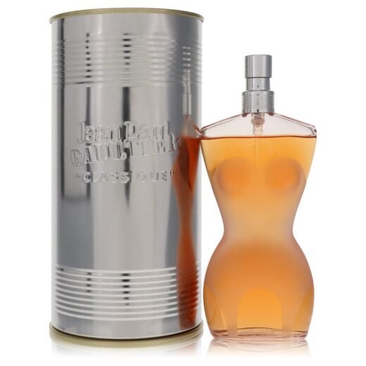 Jean Paul Gaultier Classique Eau De Toilette Spray 1.6 oz with silver canister and torso-shaped bottle