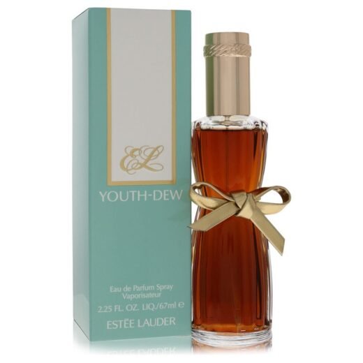 Estee Lauder Youth Dew Eau De Parfum Spray 2.25 oz bottle with gold bow and matching turquoise box