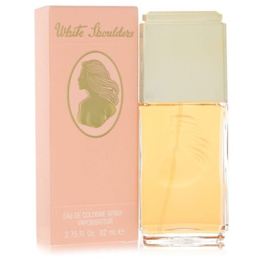 Evyan White Shoulders cologne spray for women, 2.75 oz bottle and pink box with gold silhouette design