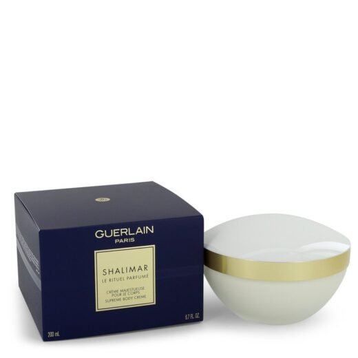 Guerlain Shalimar body cream 7 oz in white jar with gold band and navy box packaging