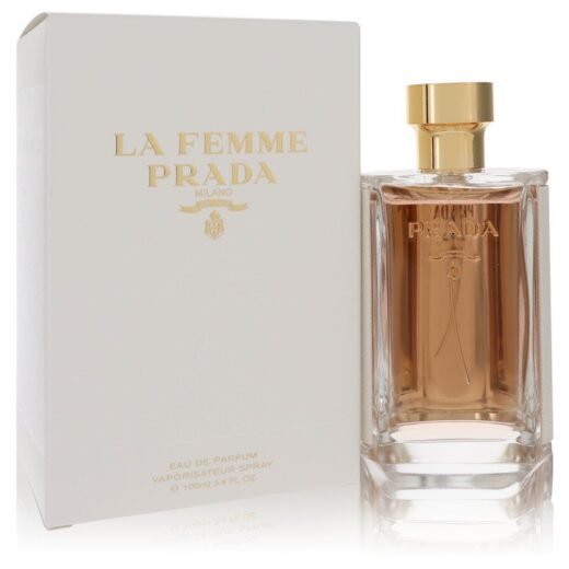 Prada La Femme Eau De Parfum Spray 3.4 oz bottle with gold cap next to branded white box