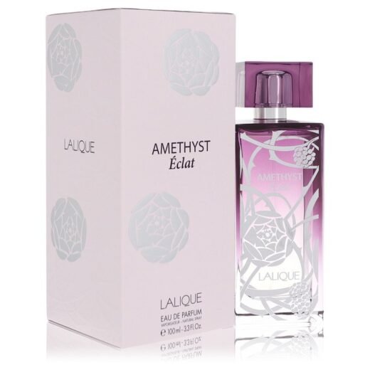 Lalique Amethyst Eclat Eau De Parfum 3.4 oz spray bottle with floral design and matching box