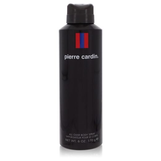Pierre Cardin body spray for men, 6 oz black can with red and blue vertical stripes and white logo